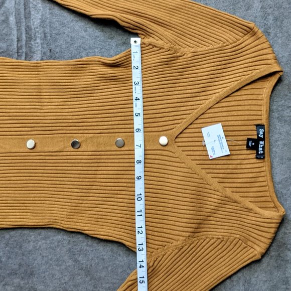 Women's Small Mustard Yellow Rib Knit Bodycon Button Up Dress with Slit - Picture 6 of 9